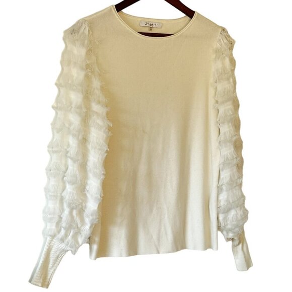 Sioni Milano Jewel Neck Women's White Sweater has Fringe Trim Bishop Sleeves Med - Picture 2 of 9